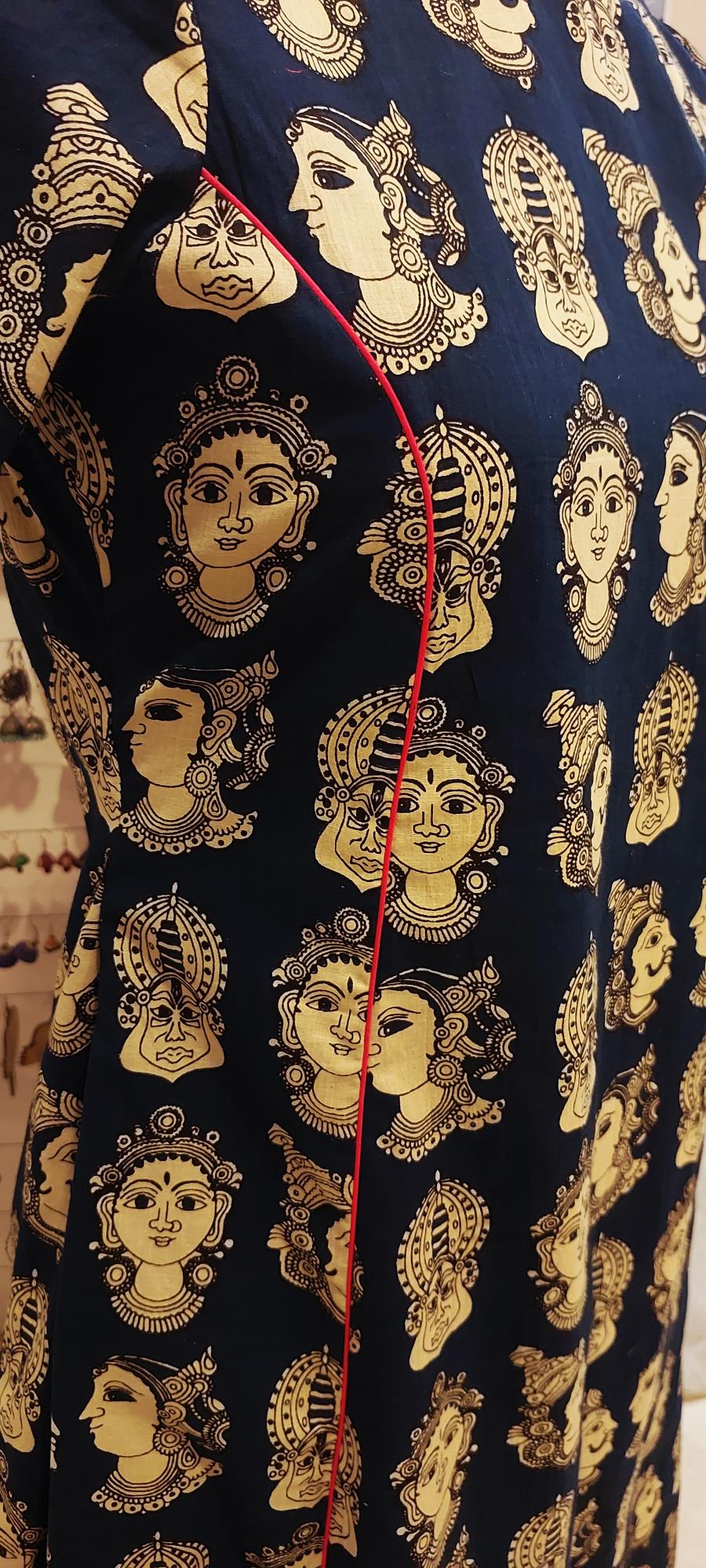 Shop our Stunning kalamkari cotton Handcrafted Indigo Kalamkari Kathakali face block Dress. Hand crafted from soft organic Mul Cotton, our Indigo Kalamkari Maxi dress is the epitome of comfort and style. Dress in style with Ranga Chakra