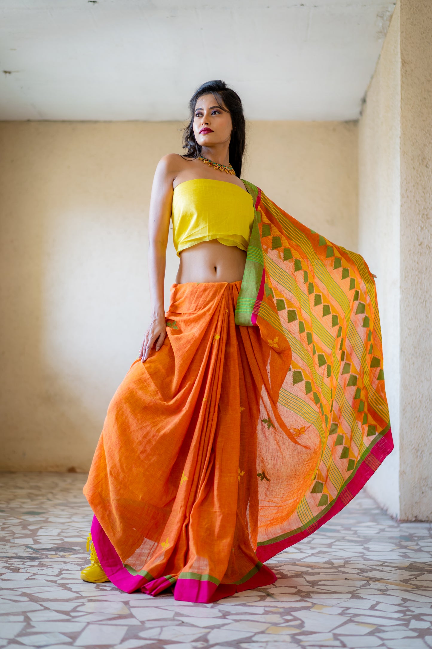 Begumpuri Khadi Orange Saree