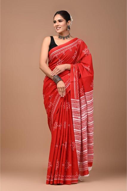 Shop our Kollam Print saree in bright red and ehite shade.