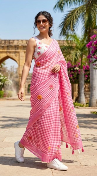 Pink Gingham Linen Saree- Summer Floral Checks Ranga Chakra