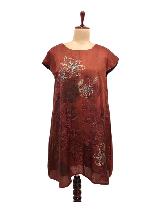 Lily Dumbacane Leaves Batik Dress, Boho Dress , Burgandy Dress, Bohemian Dress, A line Batik Silk Dress, Silk Dress, Hand Batik Silk Dress, Wax Batik Dress