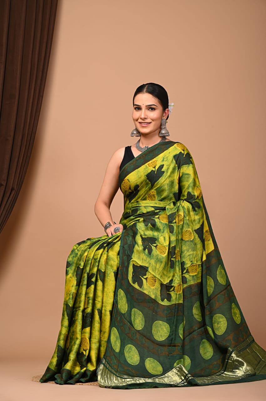 Lime Green Eco Print saree