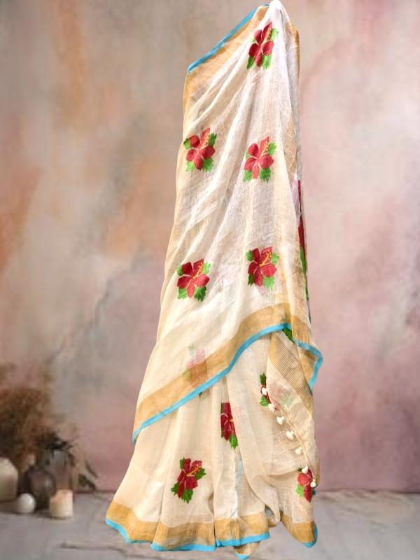 Linen Hibiscus Jamdani Saree