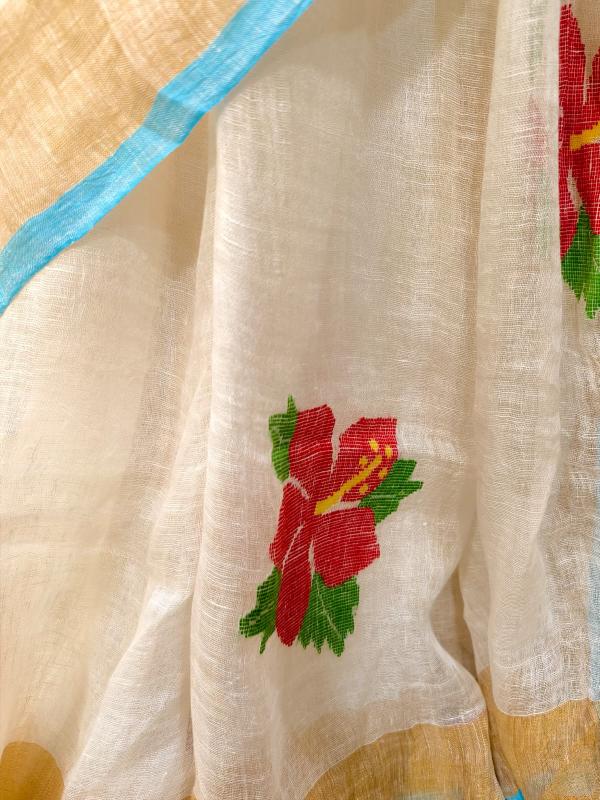 Linen Hibiscus Jamdani Saree