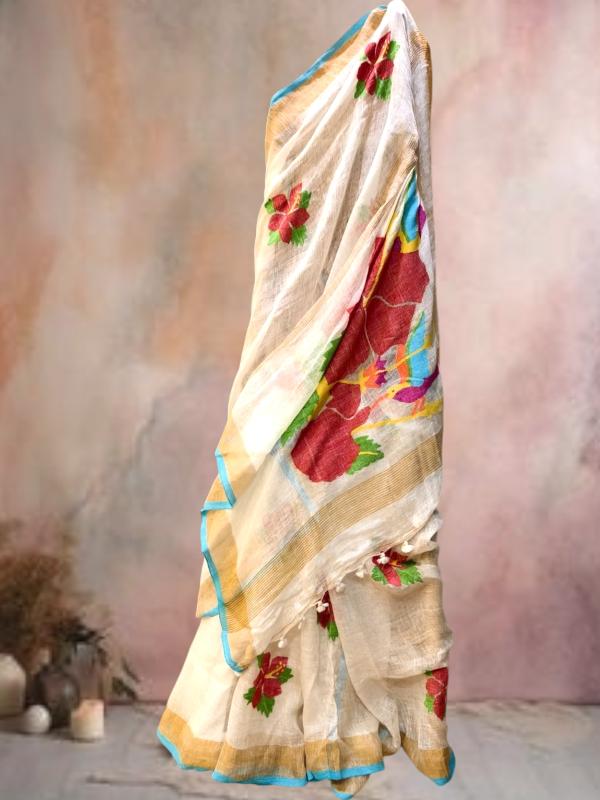 Linen Hibiscus Jamdani Saree