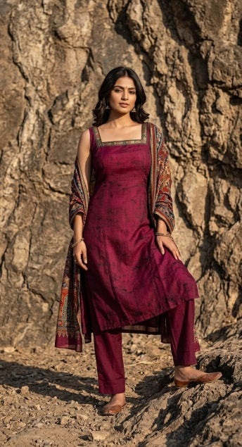 Deep Magenta Maheshwari Silk Set with Criss-Cross Back Detail |Festive Wear