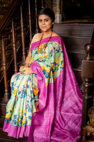 Floral Hand painted Tussar Silk saree with Magenta Pallu, Pure Ghicha Silk Silk Sarees, Floral Silk sarees, Tussar ghicha silk sarees