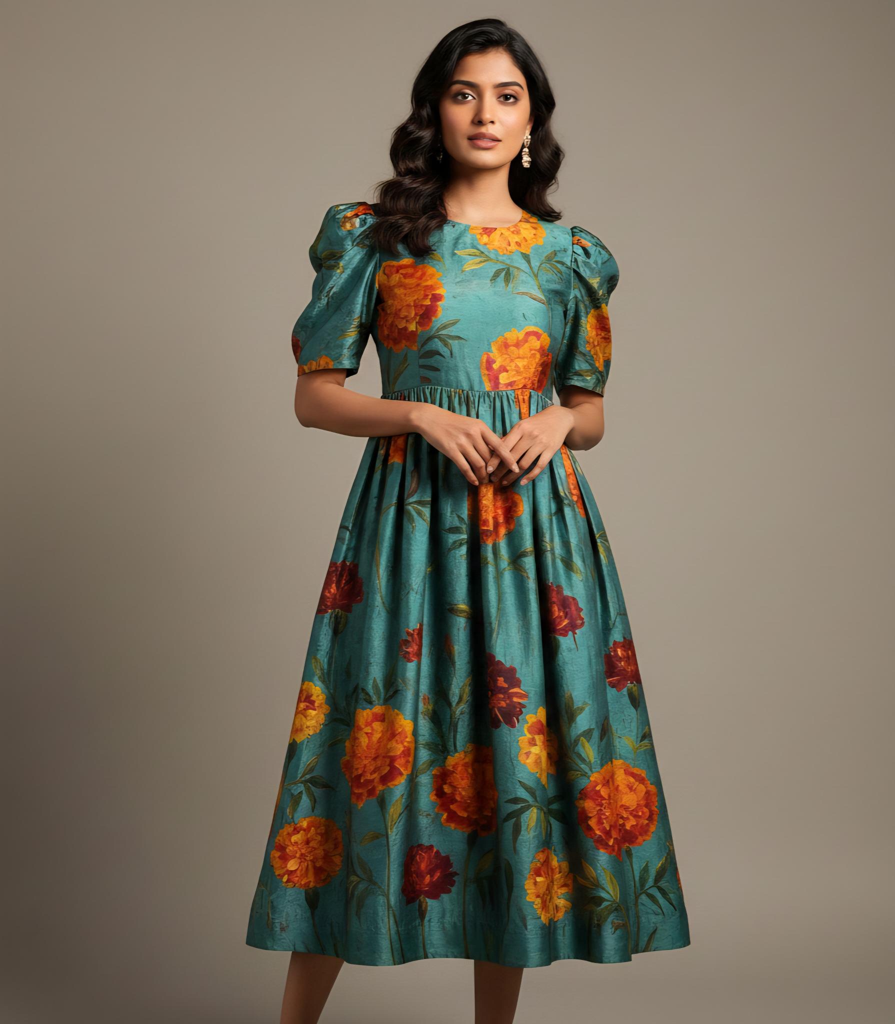 Woman wearing teal midi dress with hand-painted orange marigold flowers and puff sleeves.