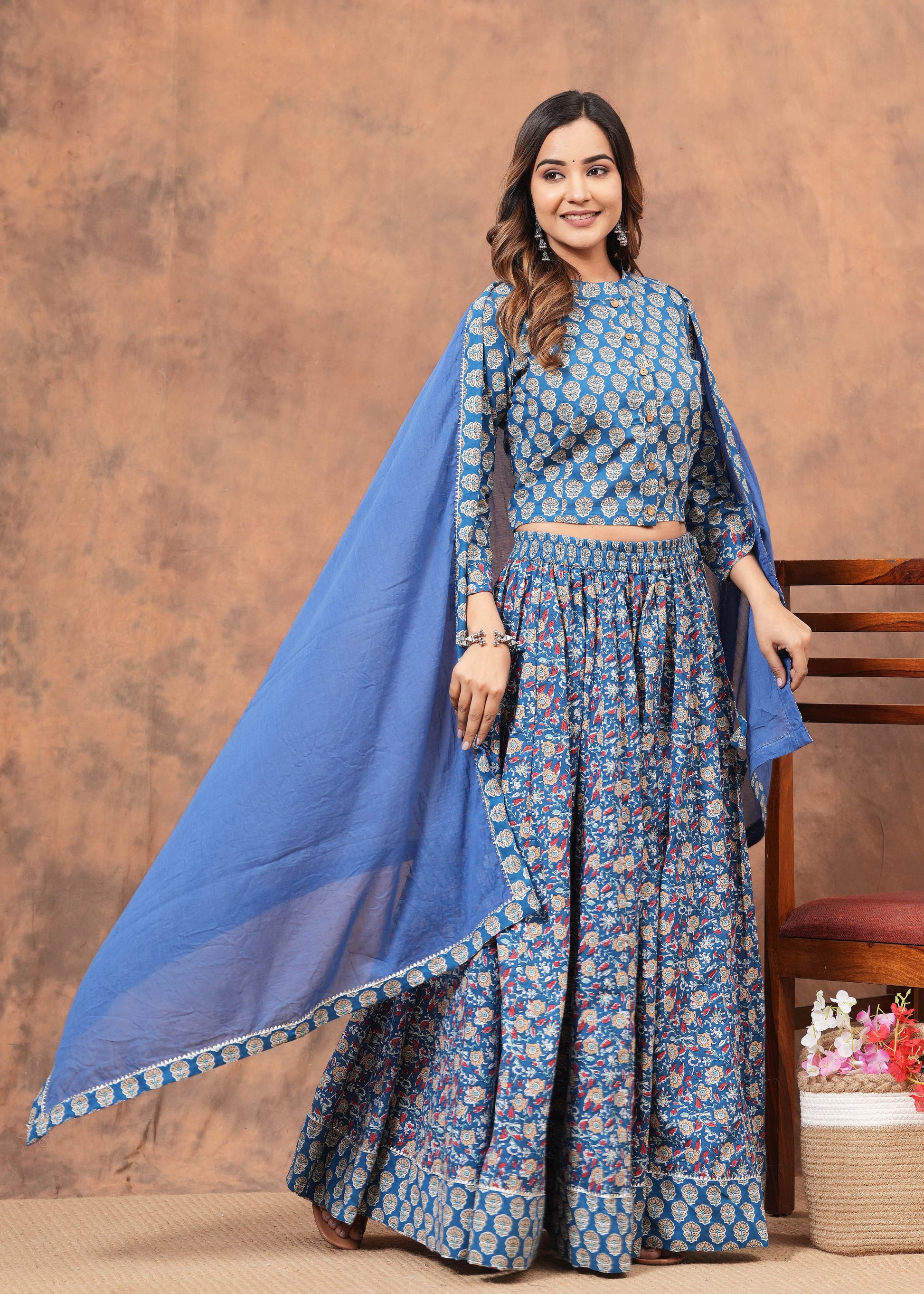 Blue Cotton Lehenga Set