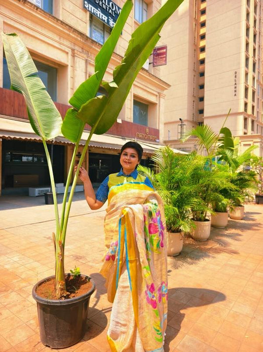 Linen Jamdani Saree, Handwoven Linen Saree, Musk Melon Linen Saree, Melon Shade Saree, Linen saree, Saree for women, Saree for summer