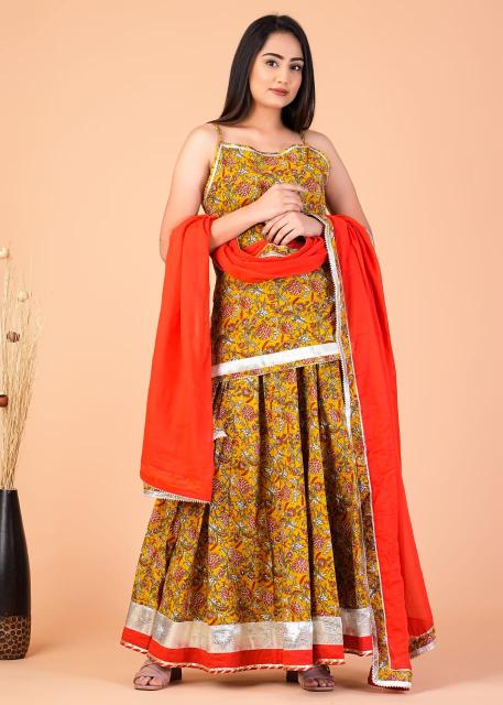 Mustard floral Lehengas