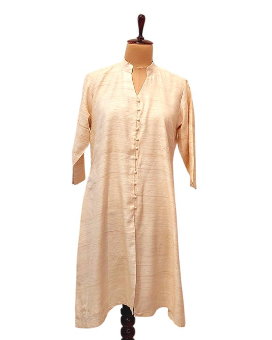 Off White Tussar Ghicha Silk Kurta V neck with lining