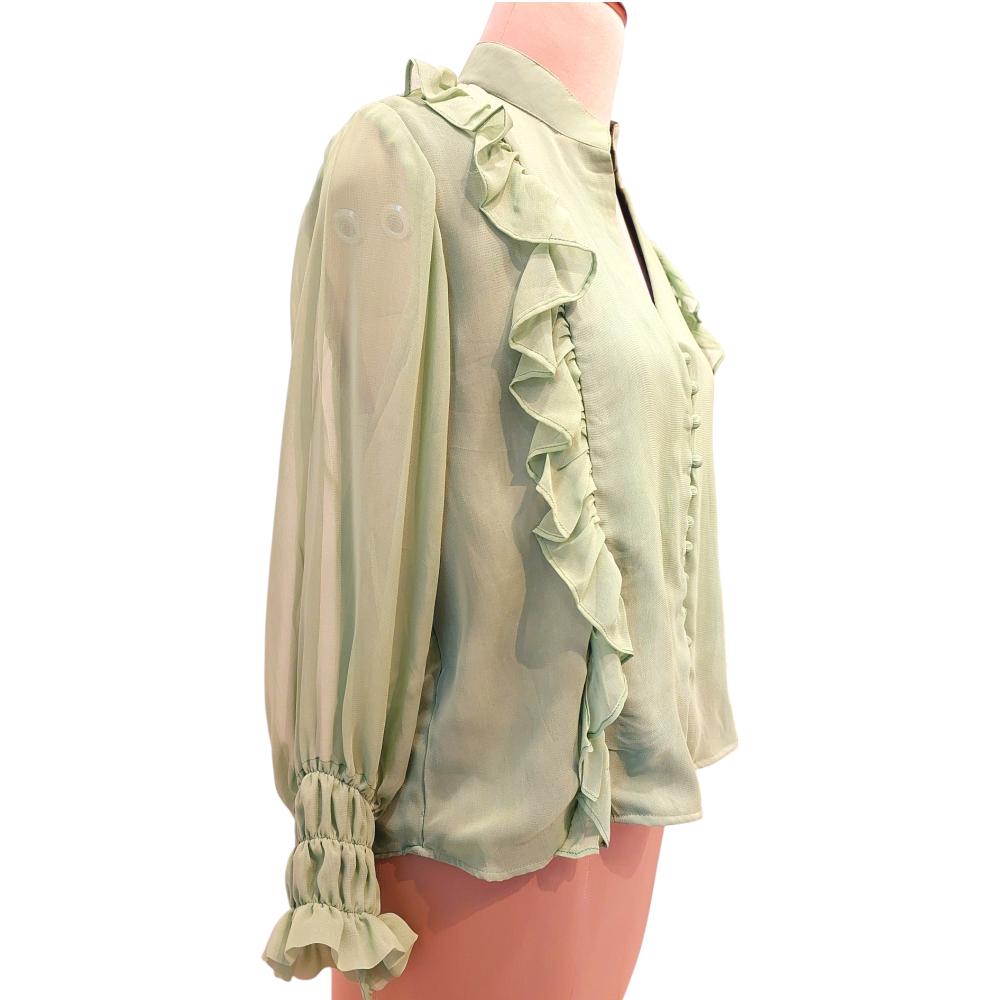 Pastel Olive Ruffled Shirt full Sleeves, Cottagecore Clothes, Pastel Women Shirt, Olive green shirt, Frill shirt, Wabi Sabi