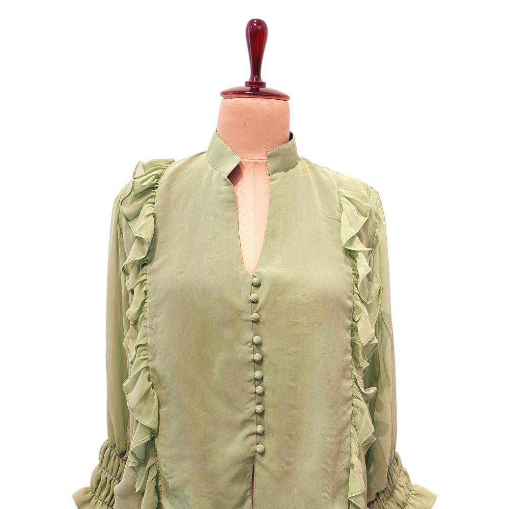 Pastel Olive Ruffled Shirt full Sleeves, Cottagecore Clothes, Pastel Women Shirt, Olive green shirt, Frill shirt, Wabi Sabi