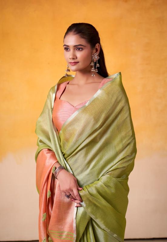 Olive Gold Silk Saree, Champagne gold Tissue Silk saree, Durga puja Silk sarees, Handloom Tissue Silk saree, Salmon Peach saree, Ranga Chakra Saree, Navratri Sarees, Tissue Sarees