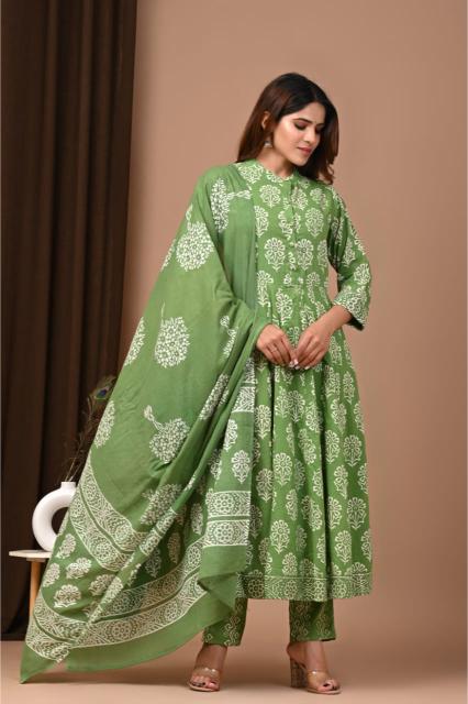 Olive Green cotton Anarkali Suit