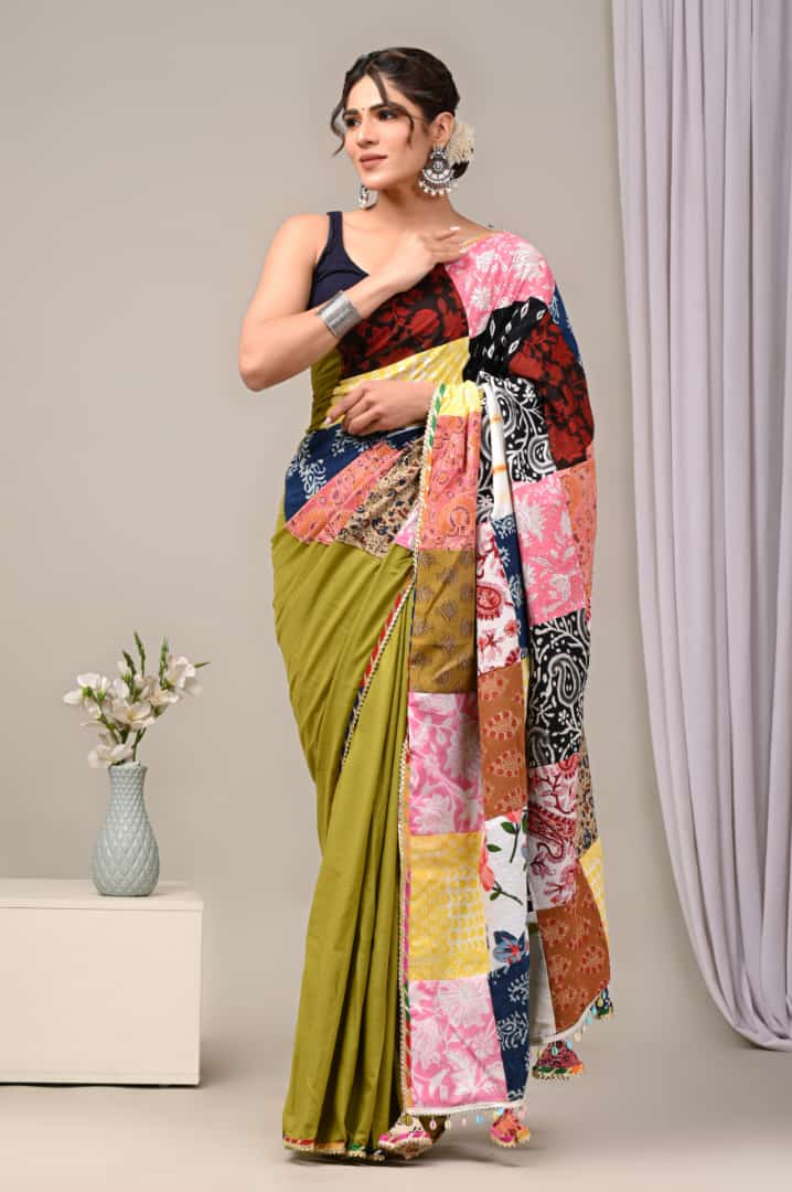 Olive cotton saree