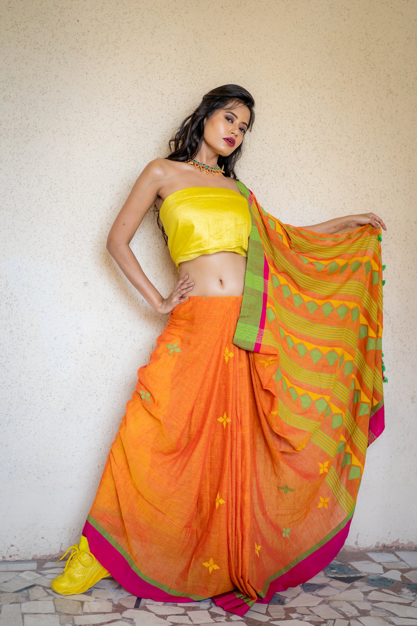 Begumpuri Khadi Orange Saree