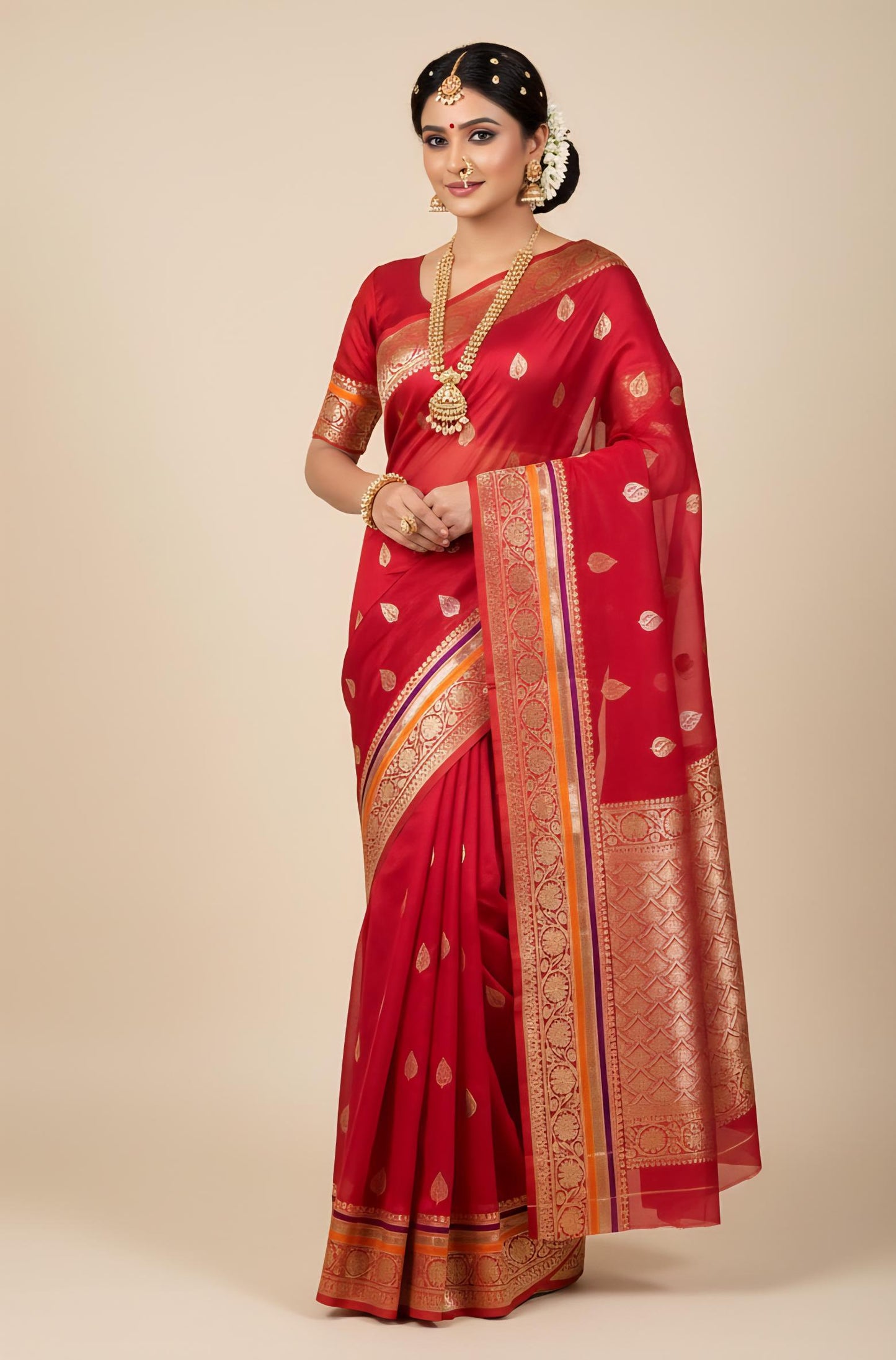 Shop our Hand-Painted Bridal Red Organza Silk Saree. A crimson masterpiece in pure organza silk, featuring artisan floral motifs for the modern, elegant bride. Elevate your wedding look with The Crimson Muse. This hand-woven bridal red organza silk saree combines heritage artistry with lightweight luxury. Perfect for brides seeking a one-of-a-kind, artisan-crafted masterpiece for their special day.