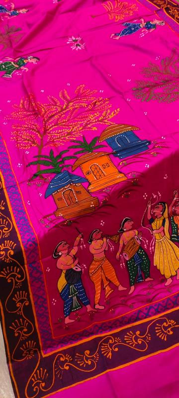 handpainted, saree, silk, tussar, designer, ethnic, indian, traditional, artisanal, luxury, unique, gift for her, Pattachitra saree,  Krishna leela saree, Hot pink painting saree
