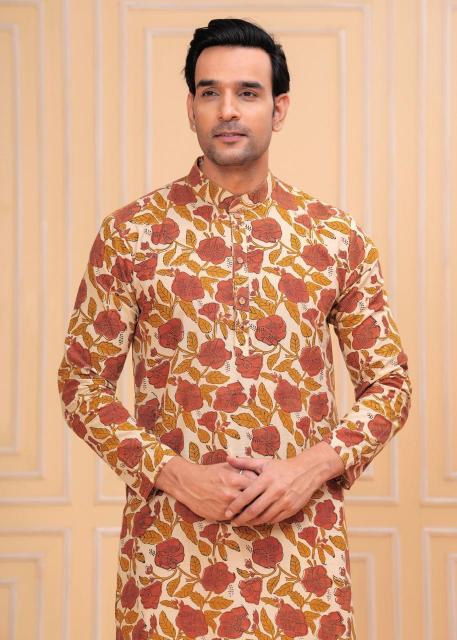 Orange Peony Bud Print Cotton Kurta, chrysanthemum kurta, chrysanthemum prints, Printed Cotton Long kurta, Cotton kurta, Indigo Mens kurta, Men's long Kurta, Cotton Kurta, Festive Special kurta, Ethnic Mens Fashion, Designer Cotton kurta, Mens Ethnic Wear kurta, Mens kurta Pajama, Designer kurta for men, kurta for men, Cotton Mens kurta. Stylish kirta for me, Fish cut Kurta for Mens, Straight kurta for mens, Indigo striped Cotton Kurta