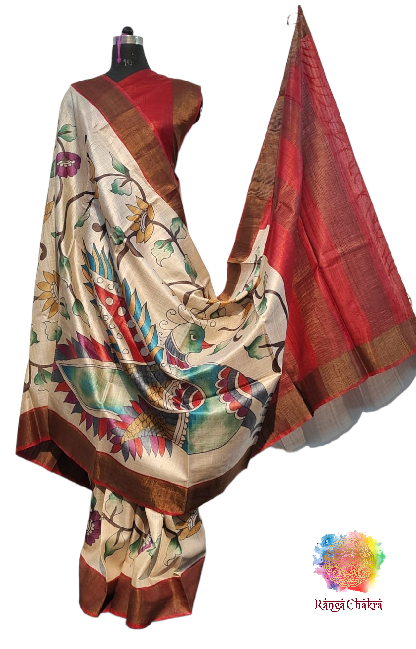 Handpainted Tussar Silk Saree Kalamkari