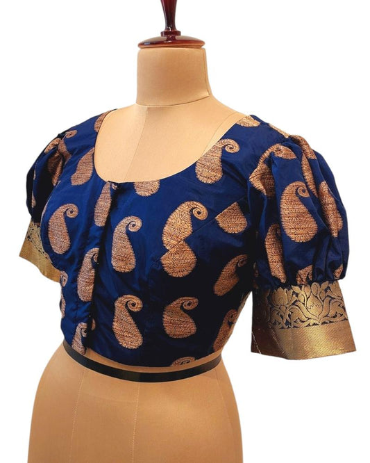 Pure Silk Blue Paisley Puff Sleeves Ready made Blouse