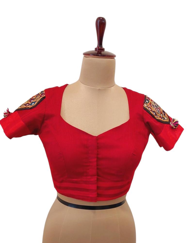 Red Handloom Silk kutch patchwork Blouse