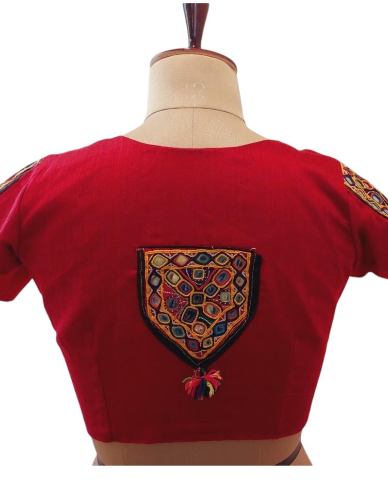 Red Handloom Silk kutch patchwork Blouse