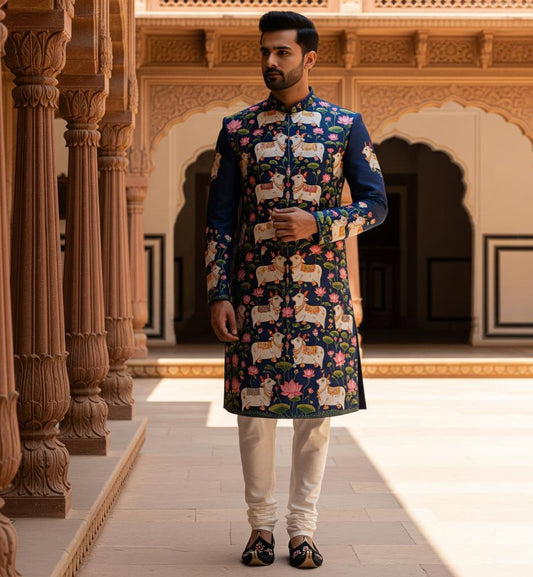 Royal Blue Pichwai Mens Kurta