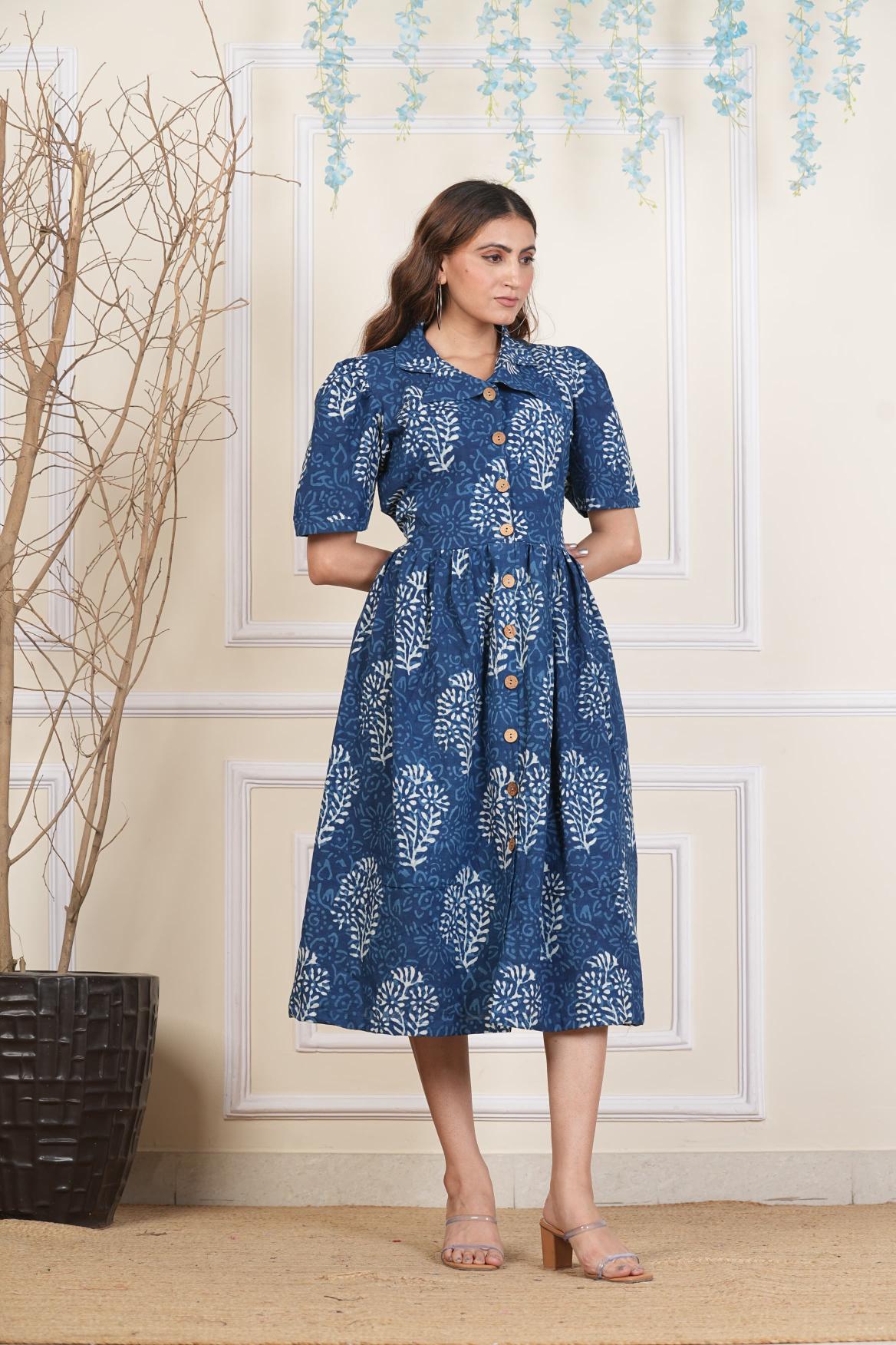 Indigo Cotton dress,Feather prints, Pure cotton Dress, sustainable dresses, Hand loom dresses, Indigo dresses, Block printed Dress, Monson Dresses, Gerua dress, , feather printed Dress, Puffed sleeve dress, Matte Red cotton dress, Orange dress, Pocket dress, One piece Dress,  Cotton Dress,  Collar dress,, Summer dress, , Kalamkari Dress