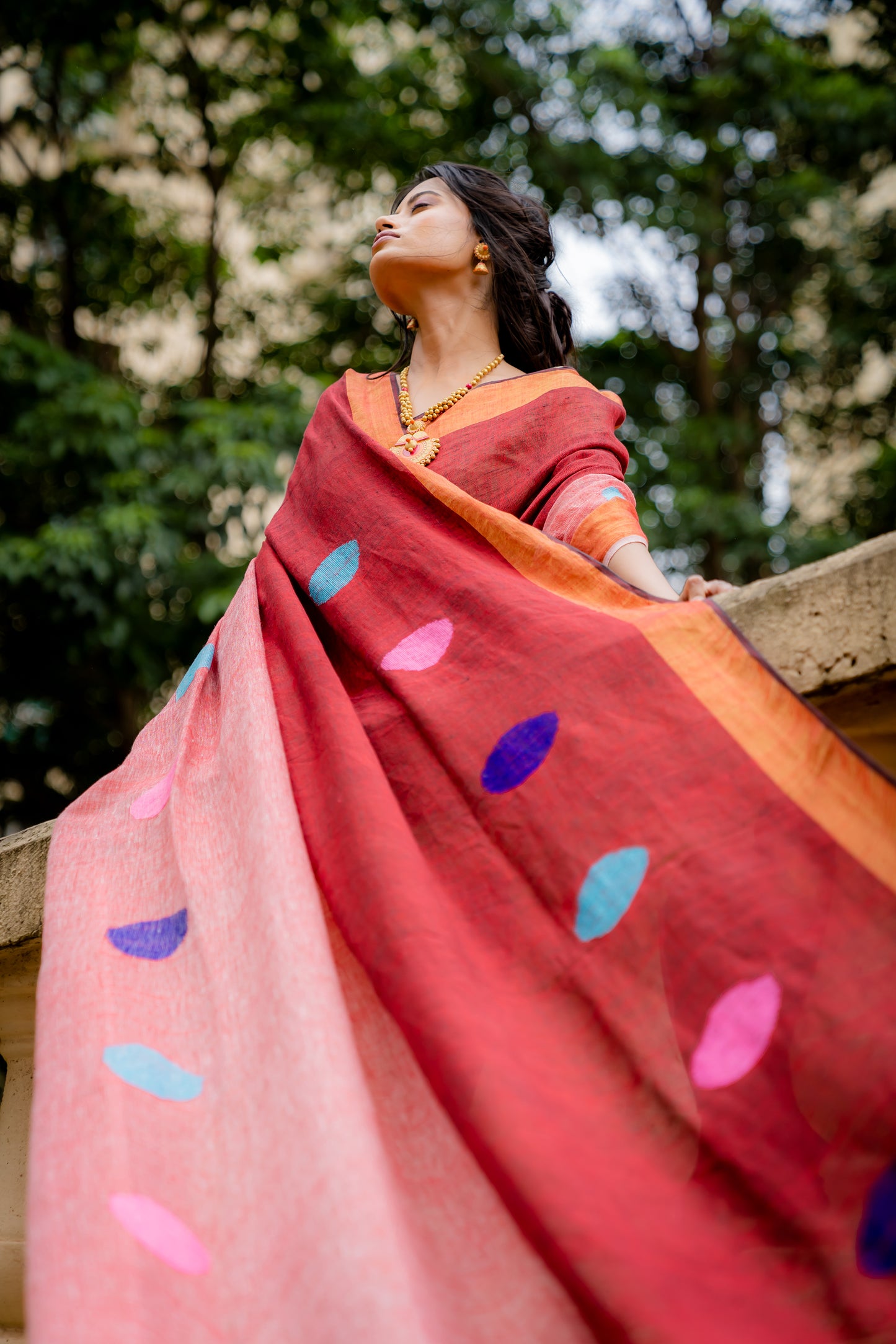 Red linen saree