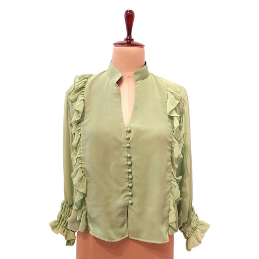 Pastel Olive Ruffled Shirt full Sleeves, Cottagecore Clothes, Pastel Women Shirt, Olive green shirt, Frill shirt, Wabi Sabi