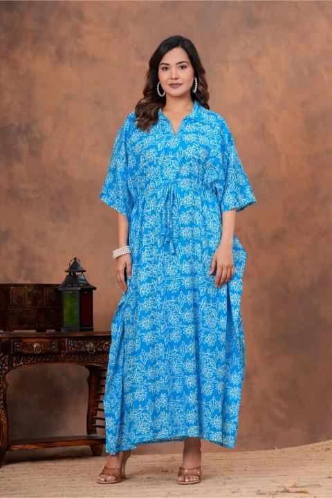 Sky blue cotton collared long Kaftan