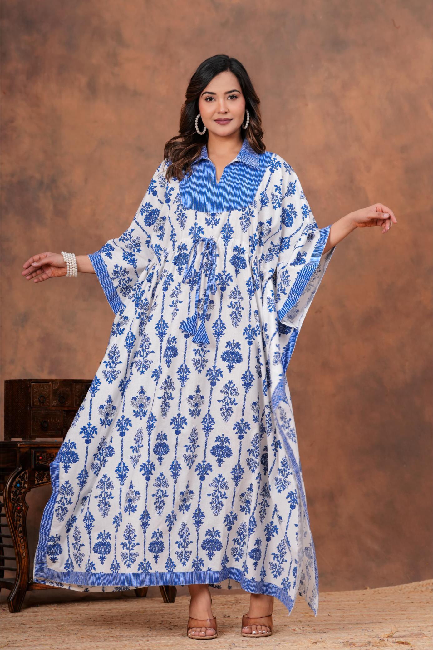 Shop mul mul cotton kaftans for daily wear. Super soft pure cotton long kaftans in floral prints for you.