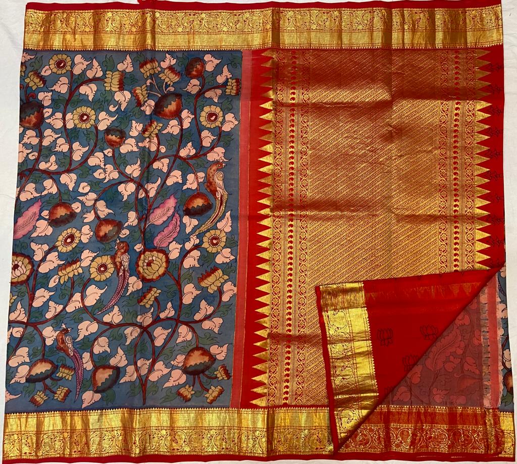 Pen Kalamkari Kanchipuram Silk sarees