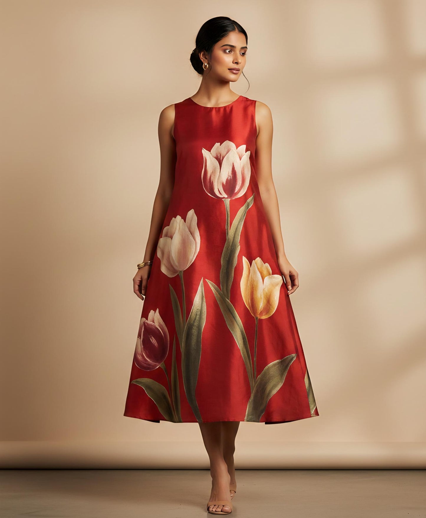 The Crimson Bloom Handpainted Tulip A-Line Midi Dress