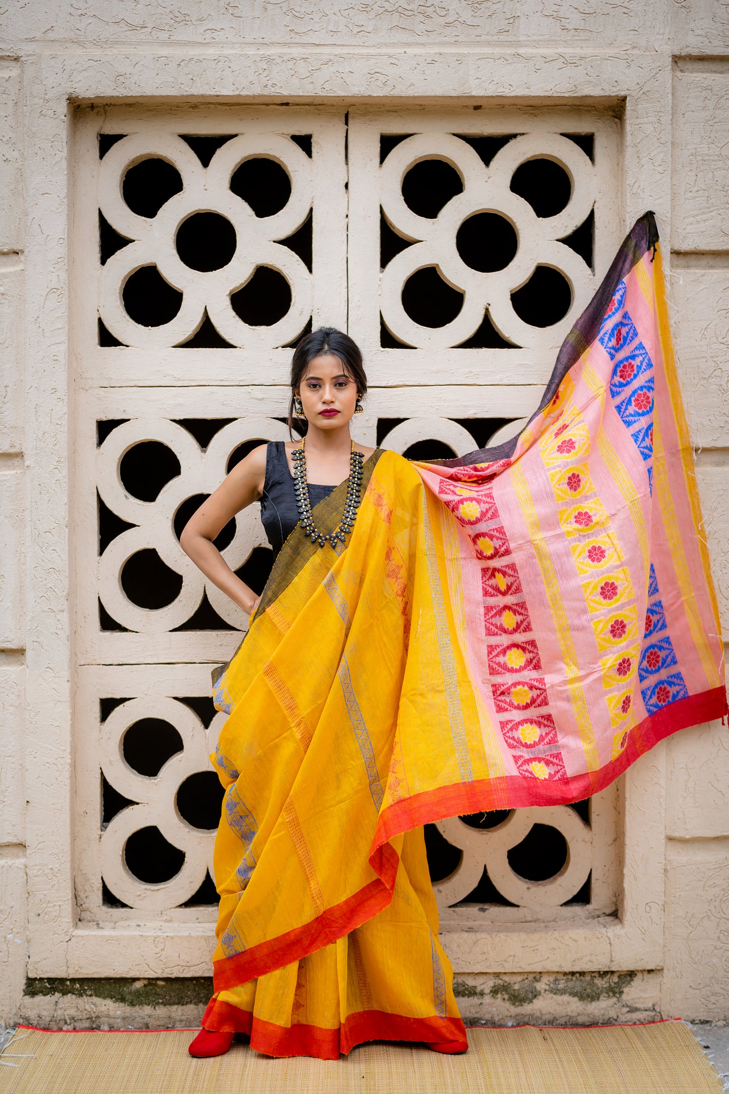 Yellow Matka silk saree jamdani