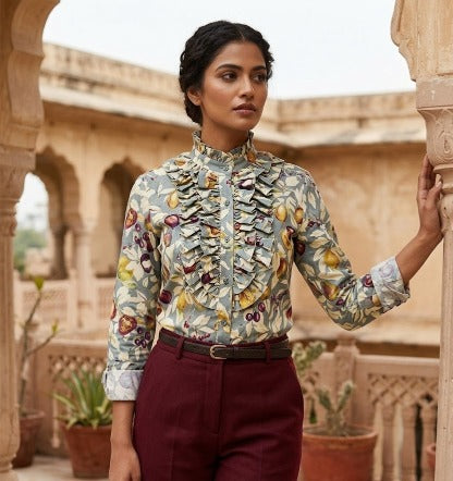 Vintage Elegance: Botanical Ruffle Silk Shirt