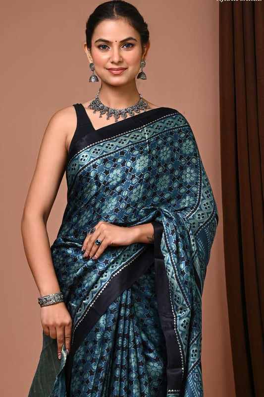 Indigo Natural Eco Hexagon Print Vegan Silk saree