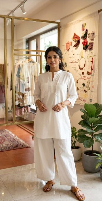 Woman in a white outfit standing in a store with clothing and decor items on display.