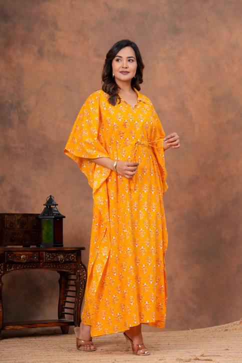 Shop mul mul cotton kaftans for daily wear. Super soft pure cotton long kaftans in floral prints for you.