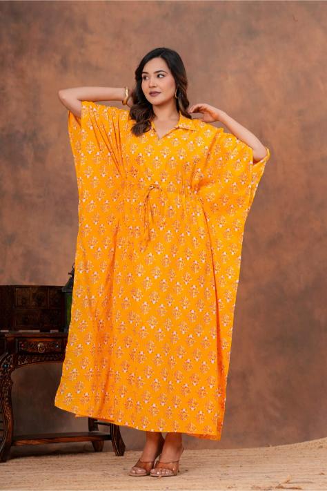 Shop mul mul cotton kaftans for daily wear. Super soft pure cotton long kaftans in floral prints for you.