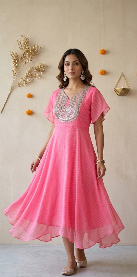 Festive Pink Chiffon Dress with Intricate Mirror Yoke