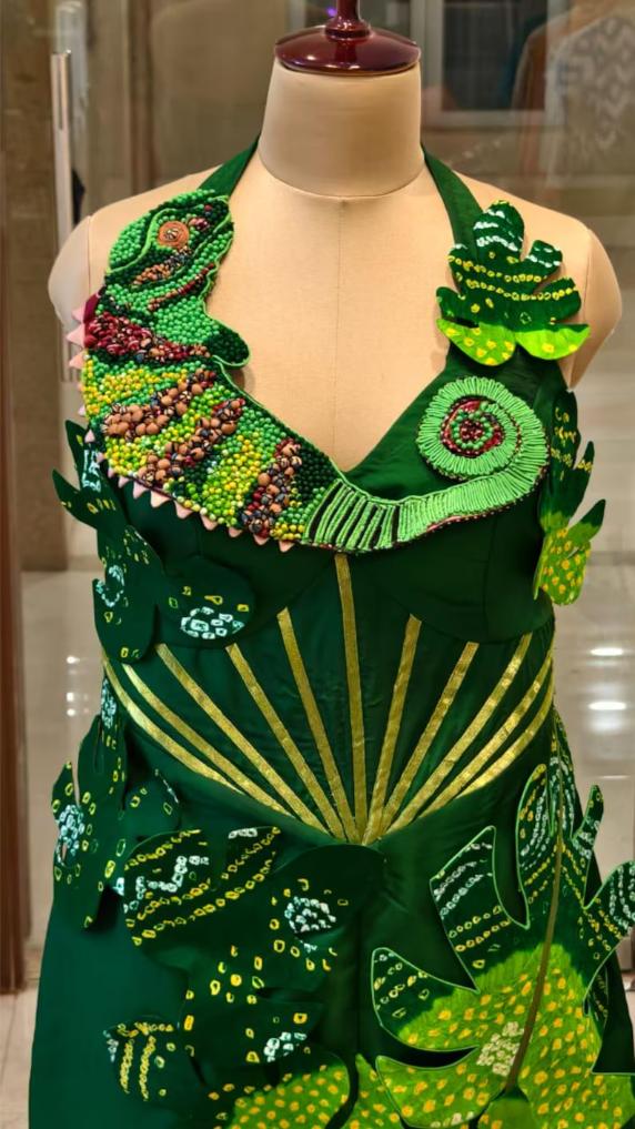 Iguana Dress, Monstera Leaf Designer Outfit, Emerald Green Wearable Art, Exotic Animal Couture, vegan outfit