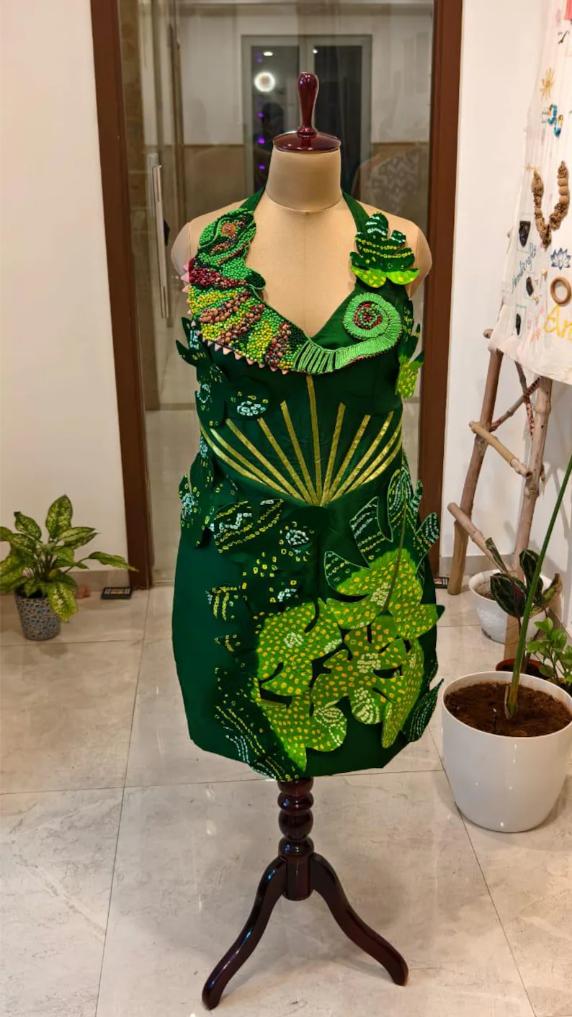Iguana Dress, Monstera Leaf Designer Outfit, Emerald Green Wearable Art, Exotic Animal Couture, vegan outfit