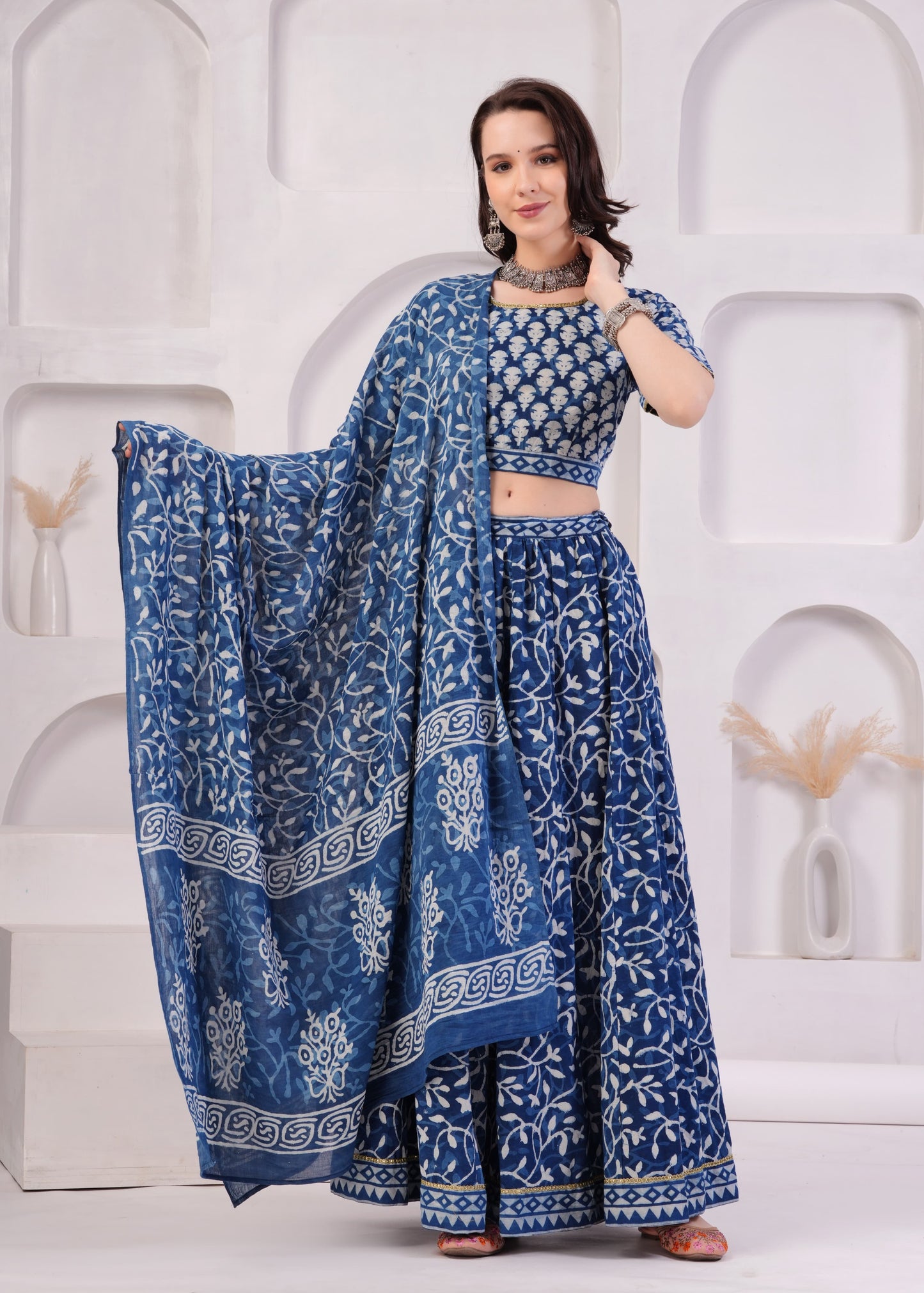 Indigo block printed Mul Cotton Lehenga Set