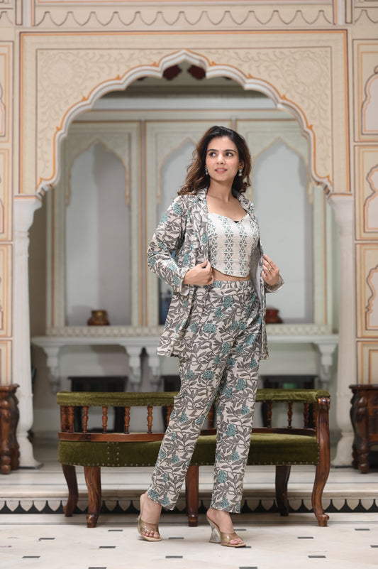 Pastel Floral Coat & Trousers Set For Women