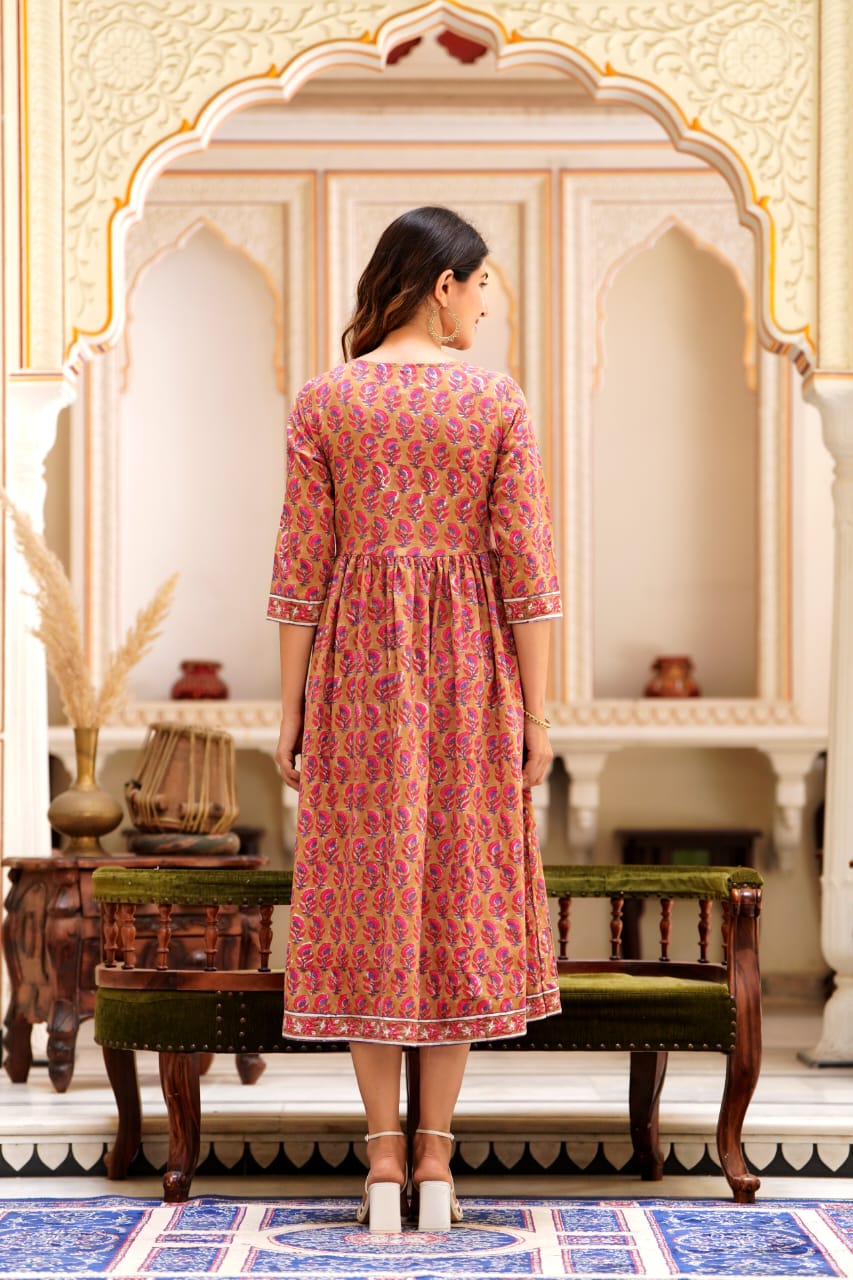 Marigold Pink print Mul Cotton Dress