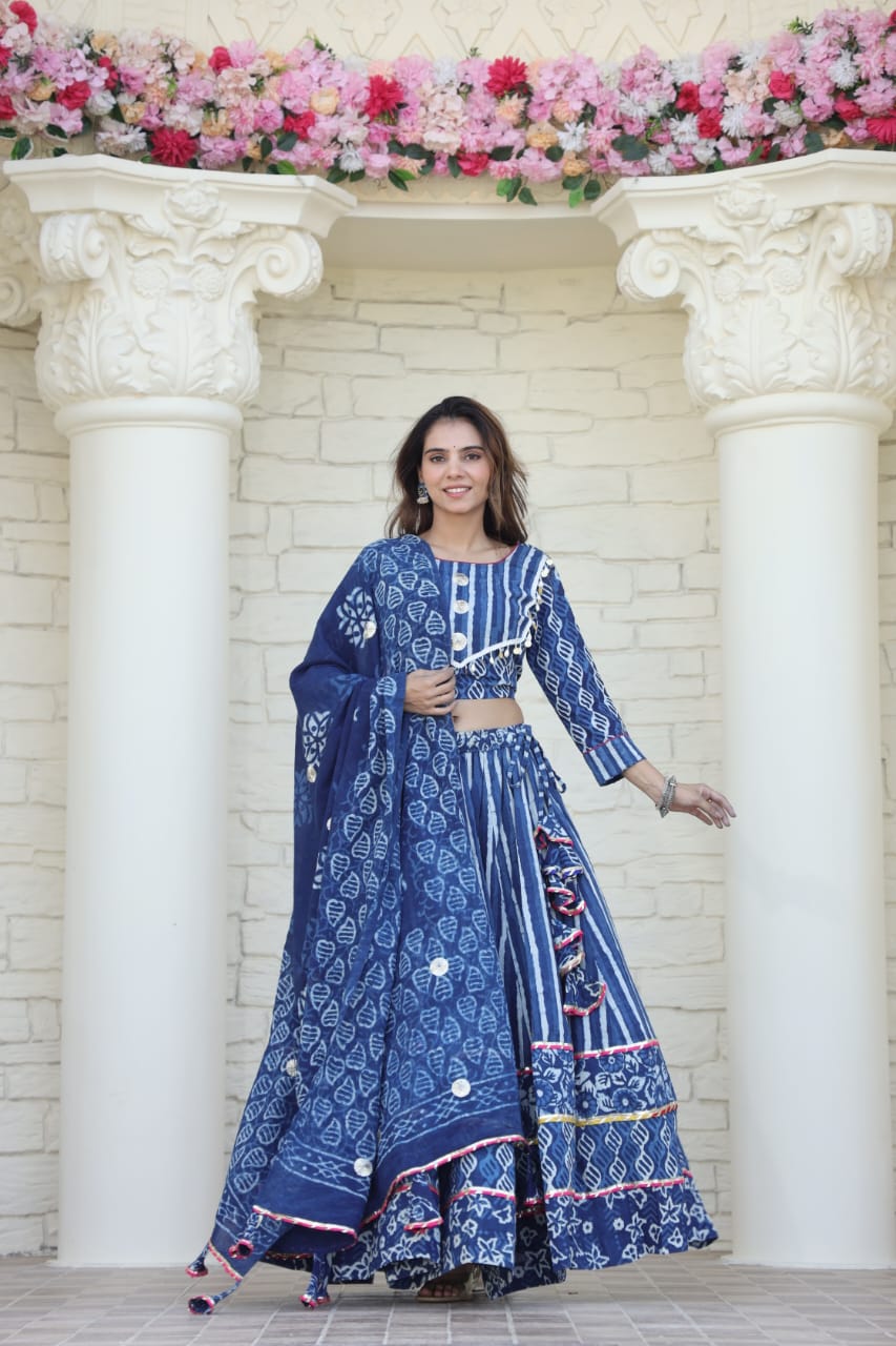 Striped Indigo Mul Mul Cotton Lehenga set